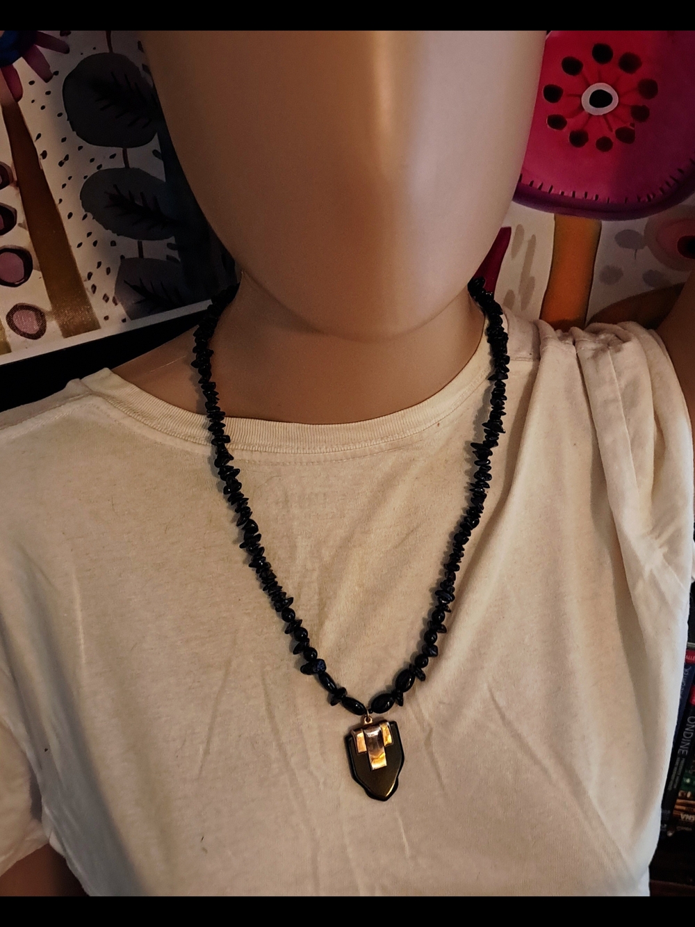 Black Stone Chip Beaded Necklace with Gold Tone And Black Resin Modern Pendant